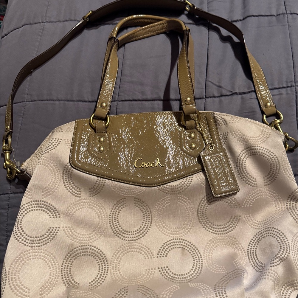 Coach Tan and Brown Shoulder Bag with Signature Pattern